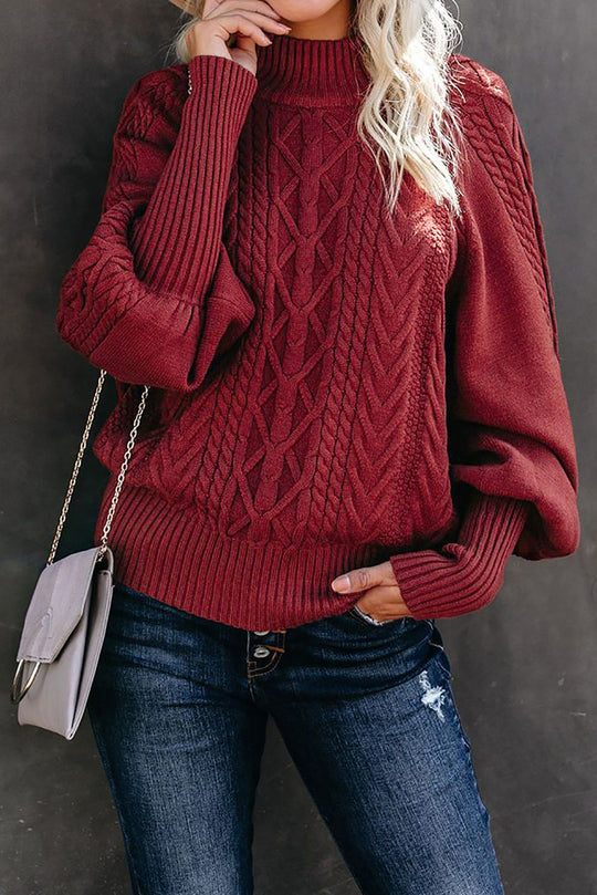 Damen Grobstrick-Pullover mit Zopfmuster, Stehkragen und Ballonärmeln Shop Nory