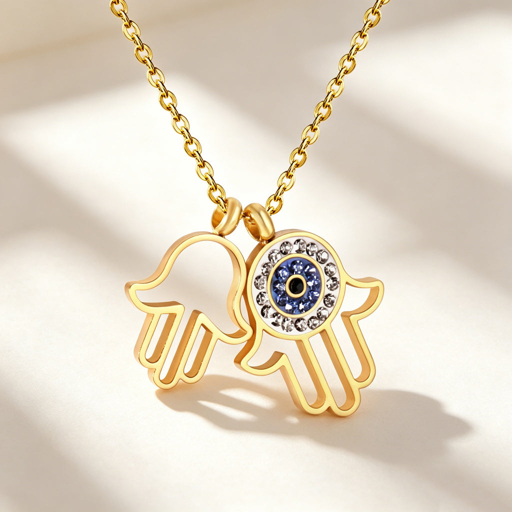 Damen Halskette mit Hamsa-Anhänger aus hochwertigem Edelstahl und funkelnden Zirkonia Shop Nory