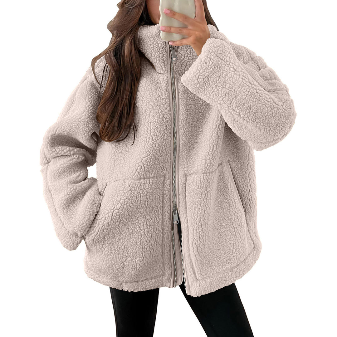 Damen nan oversized Teddyfelljacke mit Stehkragen Reißverschluss und aufgesetzten Taschen Shop Nory