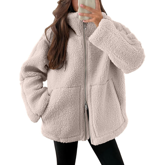 Damen nan oversized Teddyfleece Jacke mit Stehkragen und durchgehendem Reißverschluss Shop Nory