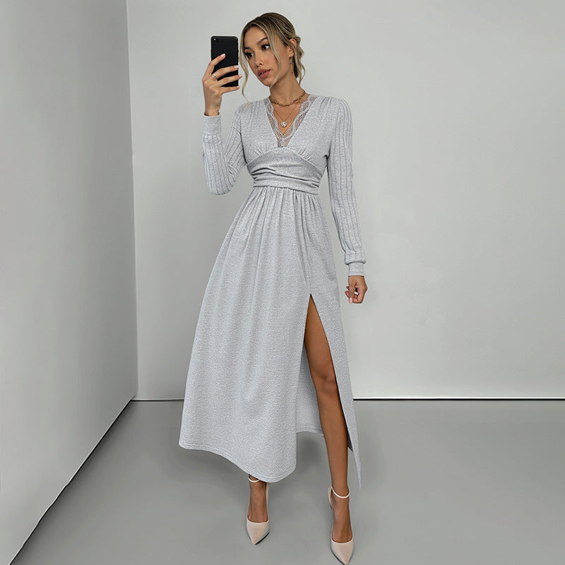 Damen Elegantes Wickel‑Maxikleid mit Spitzenbesatz, tailliertem Knotenbund und hohem Beinschlitz Shop Nory