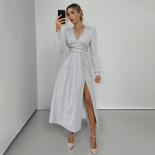 Damen Elegantes Wickel‑Maxikleid mit Spitzenbesatz, tailliertem Knotenbund und hohem Beinschlitz Shop Nory