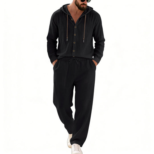 Herren nan legeres Kapuzen-Lounge-Set mit Knopfleiste, Kordelbundhose und seitlichen Eingrifftaschen Shop Nory