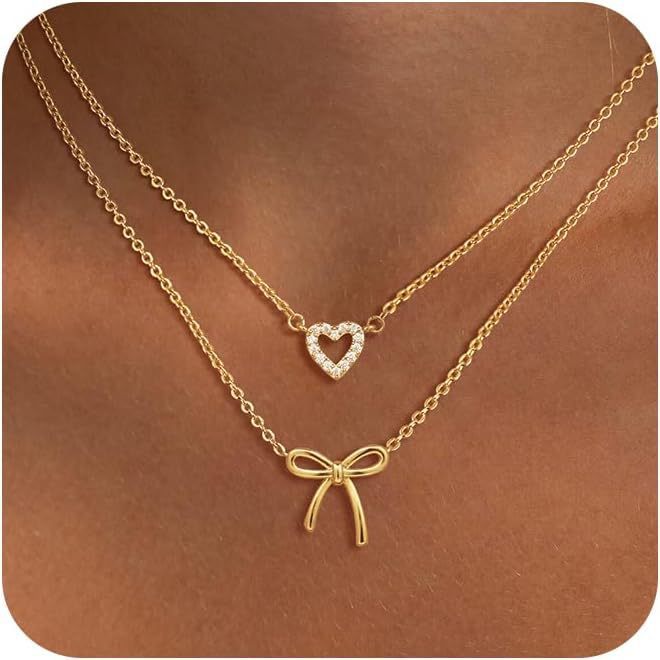 Damen Halskette mit doppellagigem Herz- und Schleifenanhänger Shop Nory