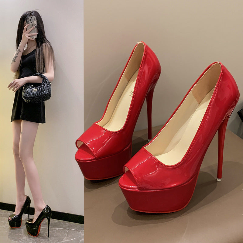 Damen Offene Zehen Plateau‑Stiletto mit hohem Absatz und Lackfinish Shop Nory