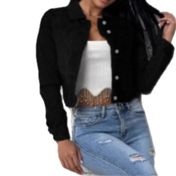 Damen Kurz geschnittene taillierte Jeansjacke mit durchgehender Knopfleiste und Hemdkragen Shop Nory