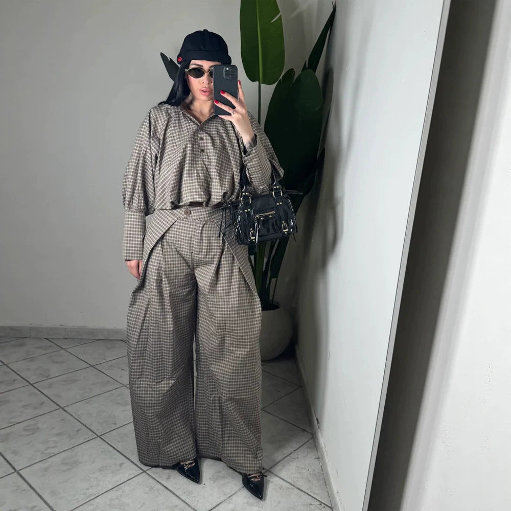 Damen Zweiteiliges kariertes Set mit Cropped Oversize-Hemd und weiter Bundfaltenhose Shop Nory