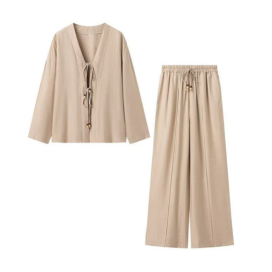 Damen Zweiteiliges Leichtes Lounge-Set mit V‑Ausschnitt, Tunnelzughose und weitem Bein Shop Nory