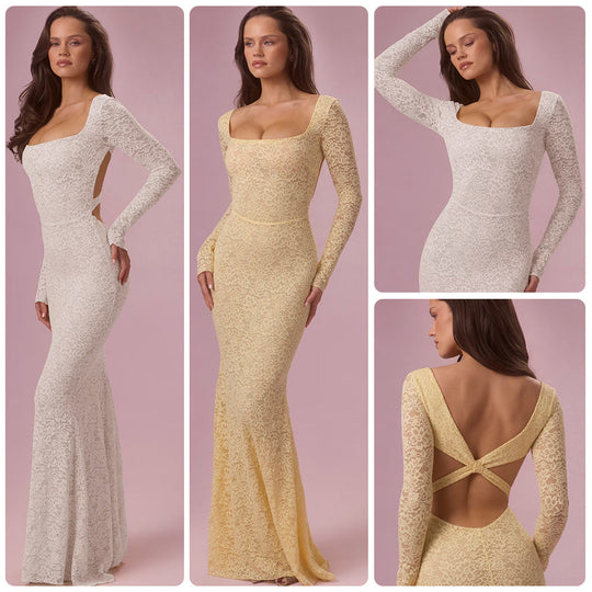 Damen Elegantes Spitzen-Maxikleid mit taillierter Silhouette und langem Arm Shopnory