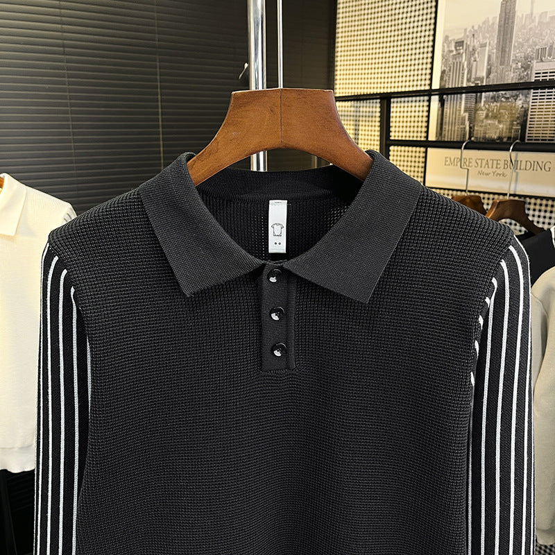 Herren Strick-Poloshirt mit kontrastgestreiften Ärmeln und feiner Struktur Shop Nory