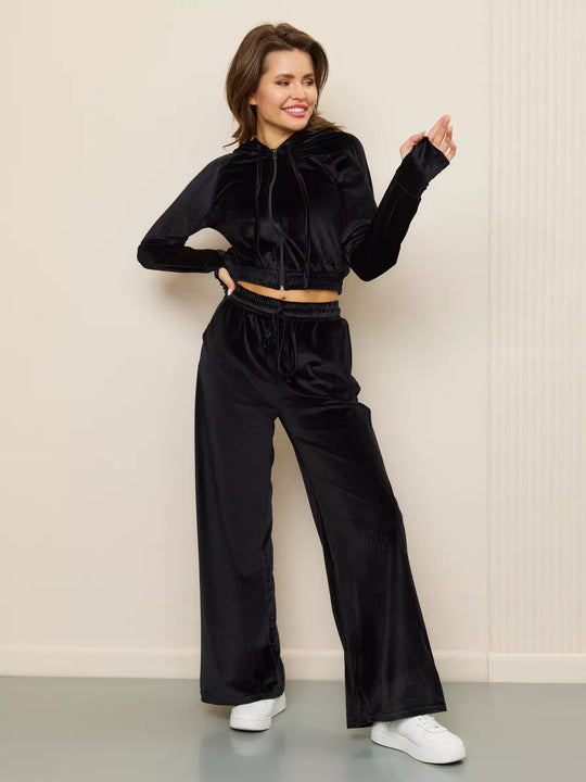 Damen luxuriöses Velours-Lounge-Set mit kurzem Reißverschluss-Hoodie und weitem Comfort-Hose Shop Nory