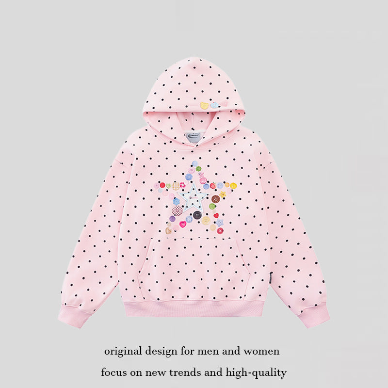 Damen Kapuzenpullover mit Knopf‑Sternapplikation, Polka‑Dot‑Allover und Kängurutasche Shop Nory