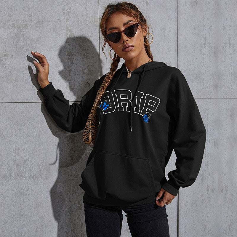 Damen Oversize-Kapuzenpullover mit Kängurutasche und Schmetterling-Stickerei Shop Nory