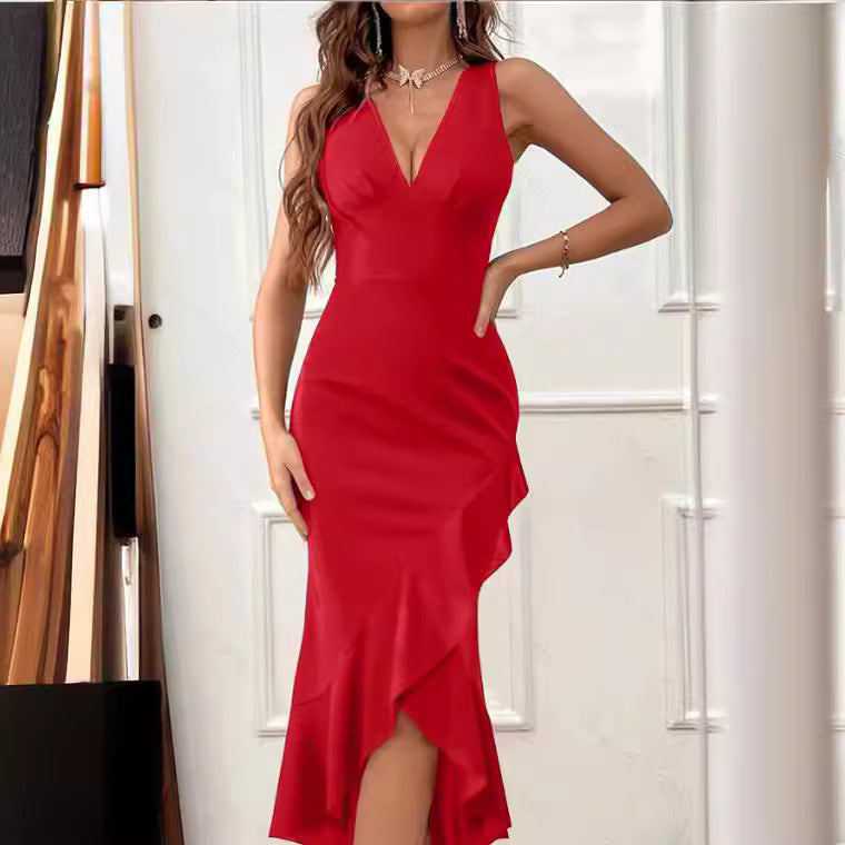 Damen Midikleid mit V-Ausschnitt und asymmetrischem Rüschensaum