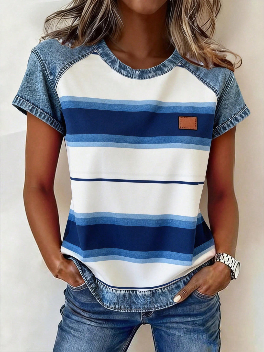 Damen Kurzarmshirt mit Jeans-Einsätzen und Teddy-Patchprint Shop Nory