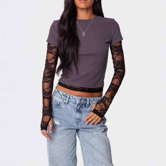 Damen Kurzshirt mit Spitzen-Ärmeln und Lagenoptik Shop Nory