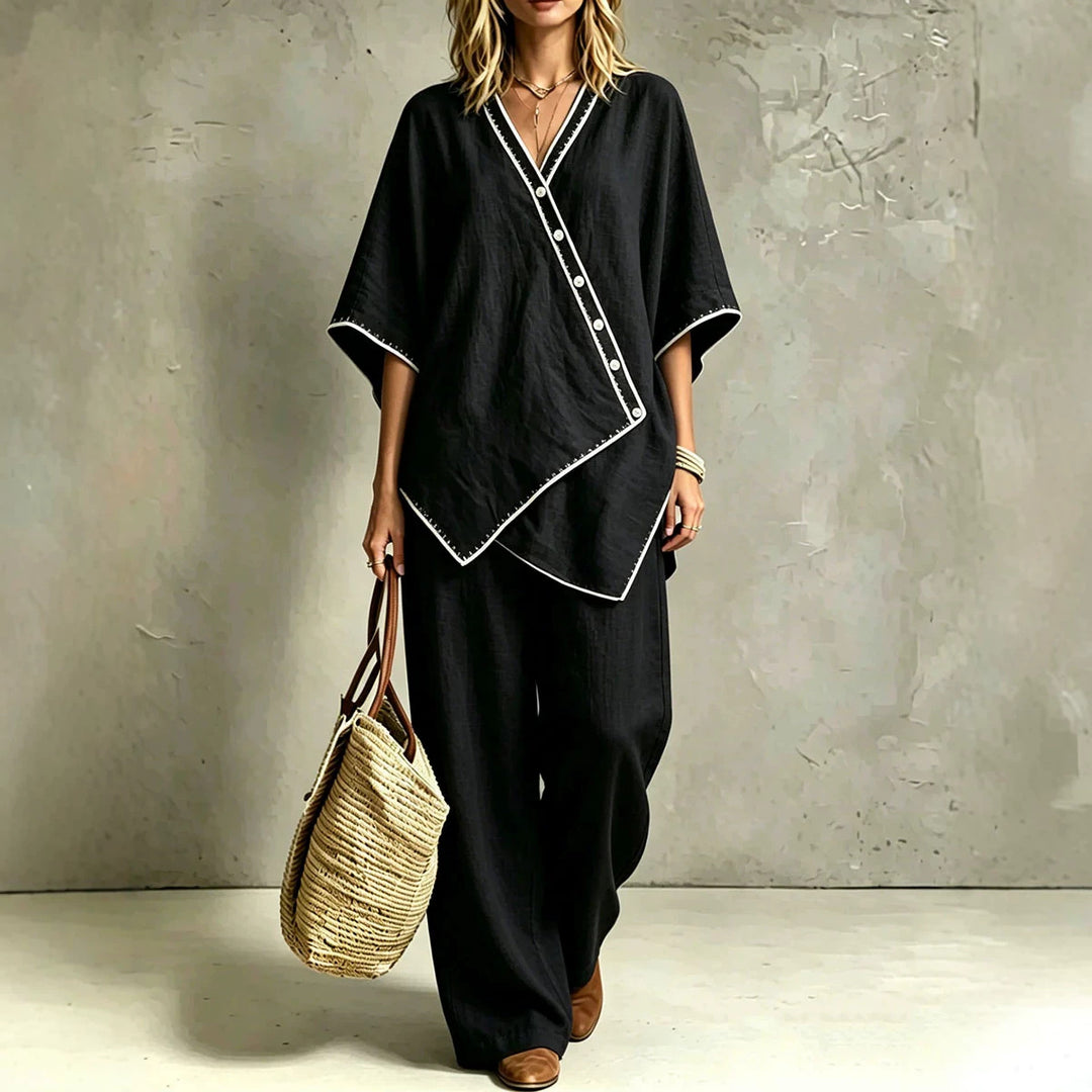 Damen Asymmetrisches Tunika-Loungewear-Set mit diagonaler Knopfleiste und weiter Palazzohose Shop Nory