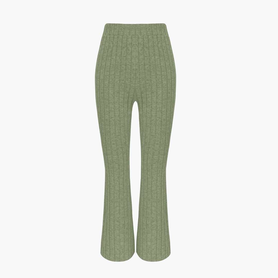 Damen Gerippter Strick-Zweiteiler mit Cropped Reißverschluss-Cardigan und High‑Waist Schlaghose Shop Nory