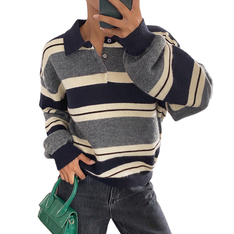 Damen Oversize-Strickpullover mit Polokragen, Streifenmuster und Knopfblende Shop Nory