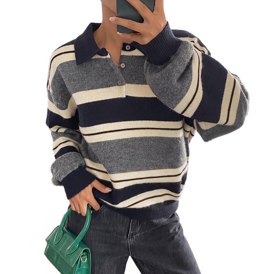 Damen Oversize-Strickpullover mit Polokragen, Streifenmuster und Knopfblende Shop Nory