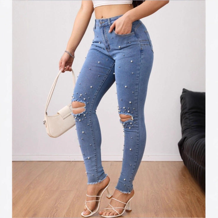 Damen Perlenverzierte High-Waist Skinny-Jeans mit Knie-Rissen und rohem Saum Shop Nory
