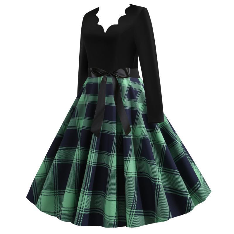 Damen Retro‑Swingkleid mit gezacktem Herzausschnitt, tailliertem Langarmoberteil und karierter Tellerrock Shop Nory