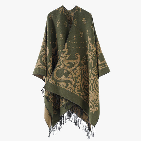 Damen Opulenter Jacquard‑Poncho im Kaftan‑Stil mit Fransen und Paisley‑Relief Shop Nory