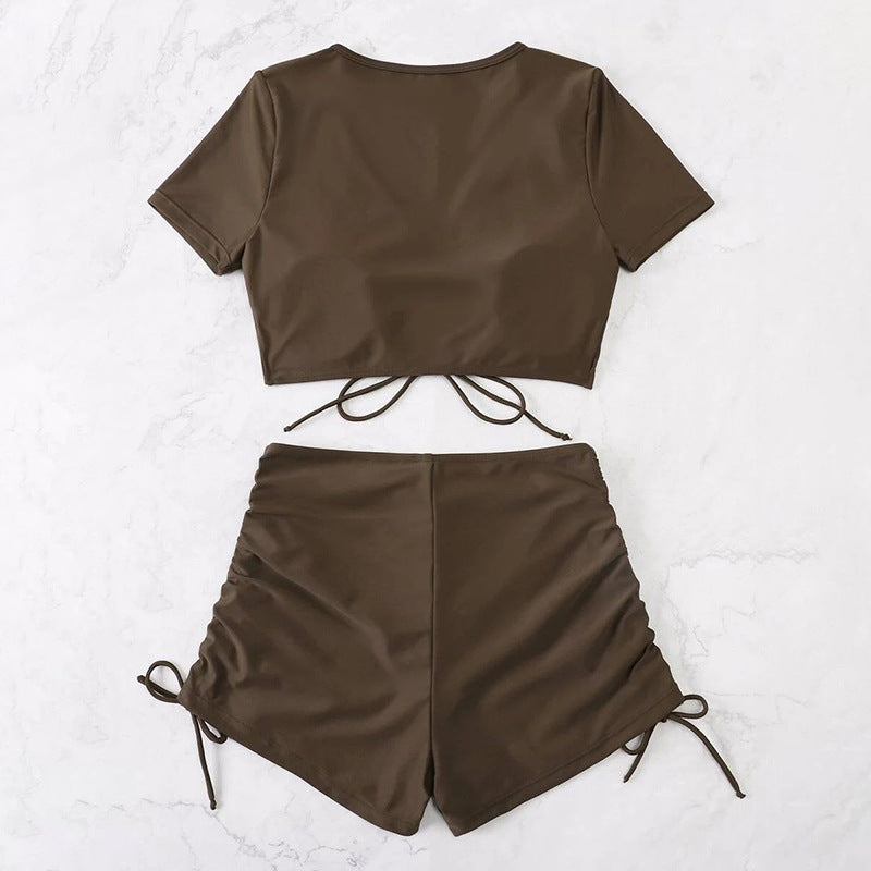 Damen Crop-Top Bikini-Set mit verstellbaren Rüschen und hoch tailliertem Slip