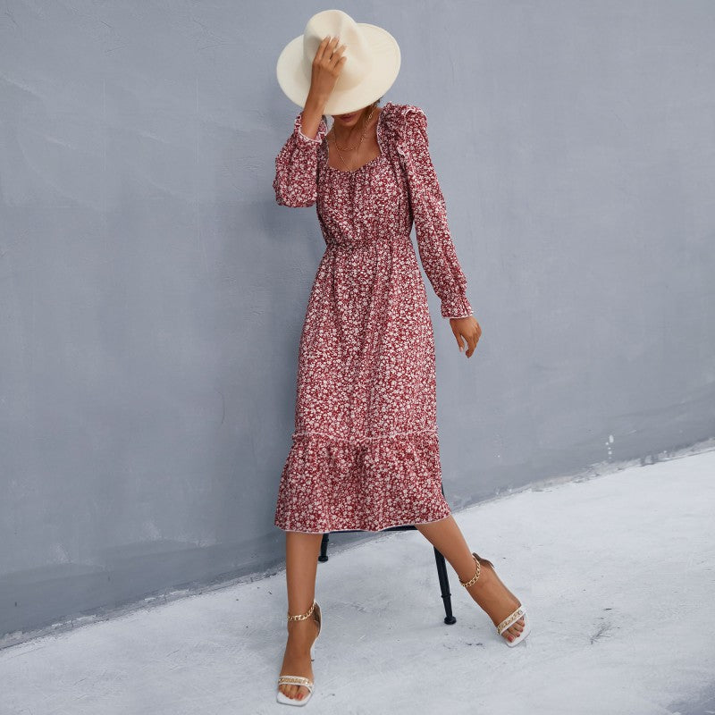 Damen Romantisches Midikleid mit quadratischem Ausschnitt, geraffter Taillenpassform und Stufenvolant Shop Nory