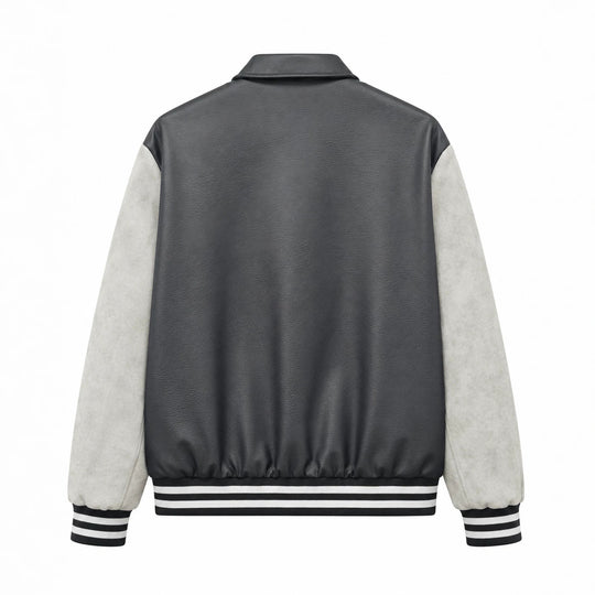 Herren Retro Letterman‑Bomber mit glattem Kunstlederkörper und Veloursärmmel-Detail Shop Nory