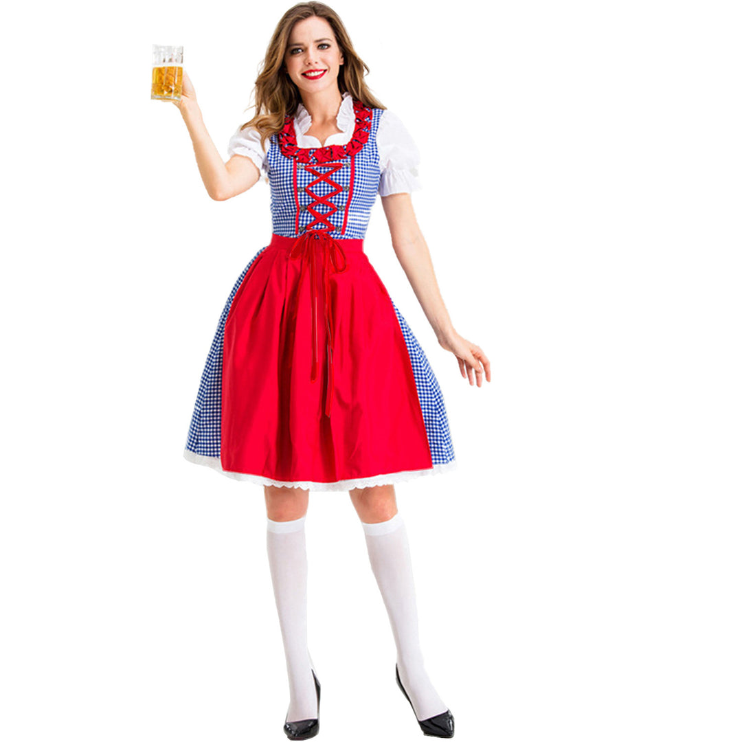 Damen nan Karo-Dirndl mit geschnürter Miederfront, Rüschenkragen und taillierter Schürze Shop Nory