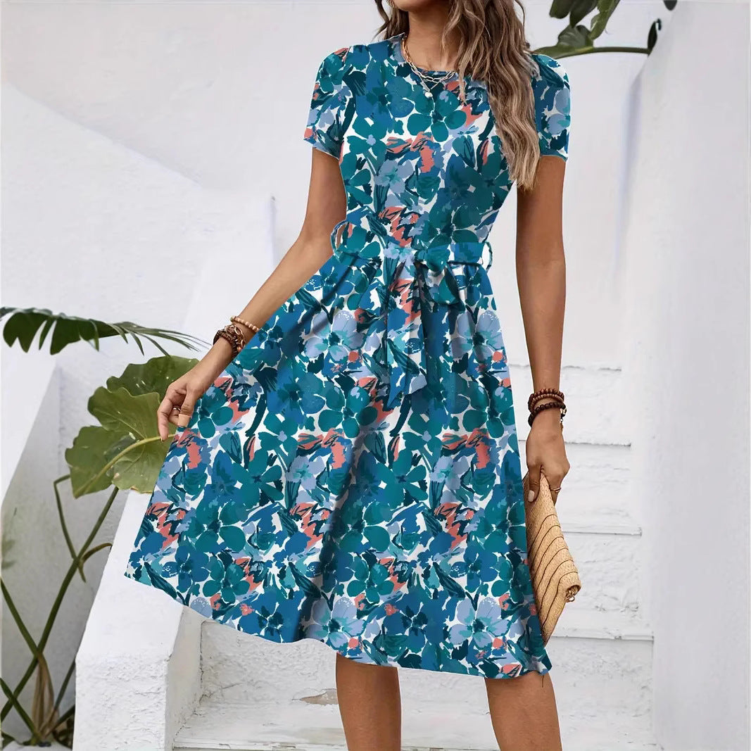 Damen Elegantes Midikleid mit floralem Design und Taillengürtel Shopnory