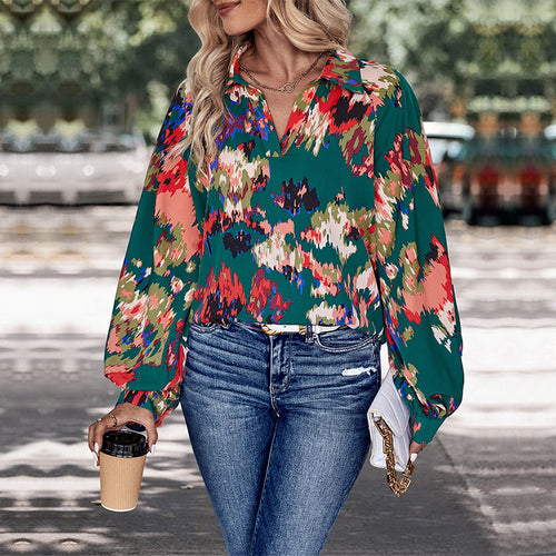 Damen Chiffonbluse mit weitem Ballonärmel, V-Ausschnitt und abstraktem Allover-Print Shop Nory