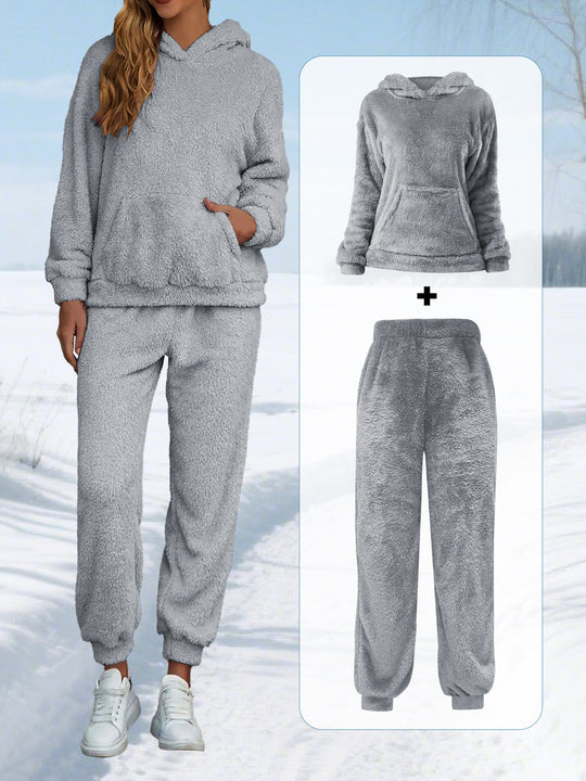 Damen Kuscheliges Teddy-Fleece Lounge-Set mit Kapuze und Kängurutasche Shopy Nory