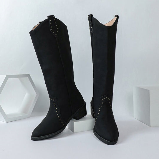 Damen kniehohe Veloursleder-Stiefel mit dekorativer Lochstanzung und mittlerem Blockabsatz Shop Nory