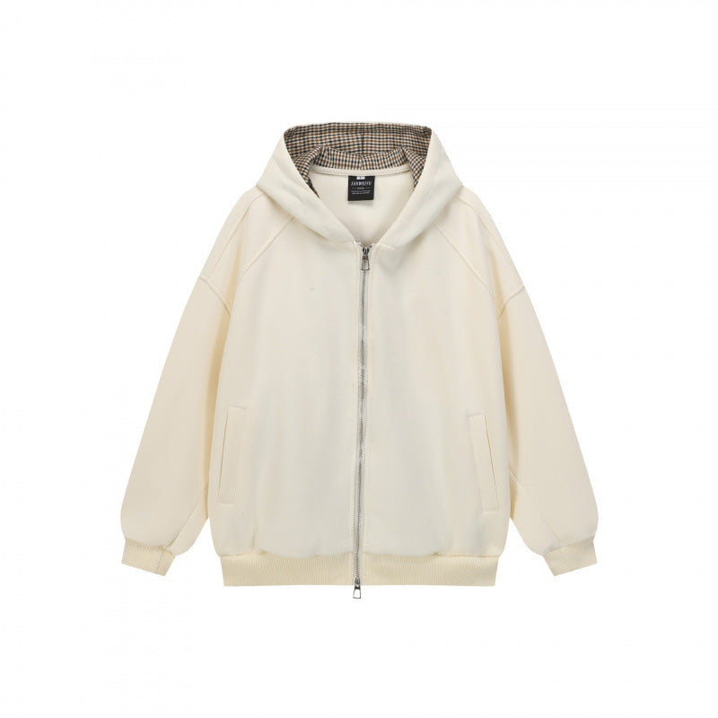 Unisex Oversize Kapuzen-Sweatjacke mit Karofutter, durchgehendem Reißverschluss und geripptem Saum Shop Nory