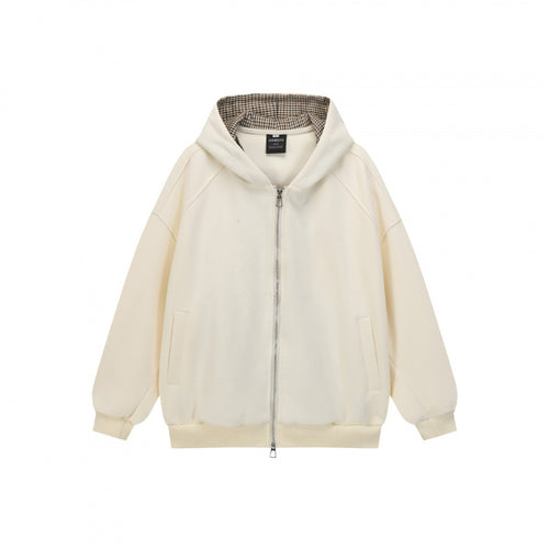 Unisex Oversize Kapuzen-Sweatjacke mit Karofutter, durchgehendem Reißverschluss und geripptem Saum Shop Nory