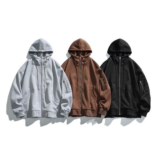 Unisex Oversize-Kapuzenjacke mit Frontreißverschluss, Ärmeltasche und geripptem Saum Shop Nory