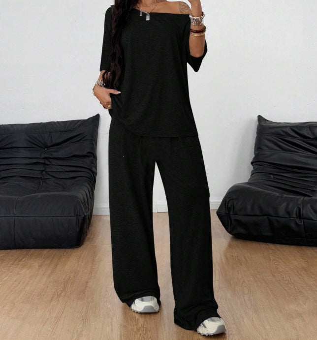 Damen Lässiges Lounge-Set aus weichem Jersey mit weiter Palazzohose und schulterfreiem Oversize-Top Shop Nory