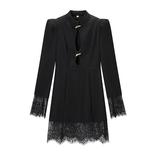 Damen Midikleid mit Stehkragen, Cut-Out‑Front, goldenen Zierverschlüssen und Spitzenbesatz Shop Nory