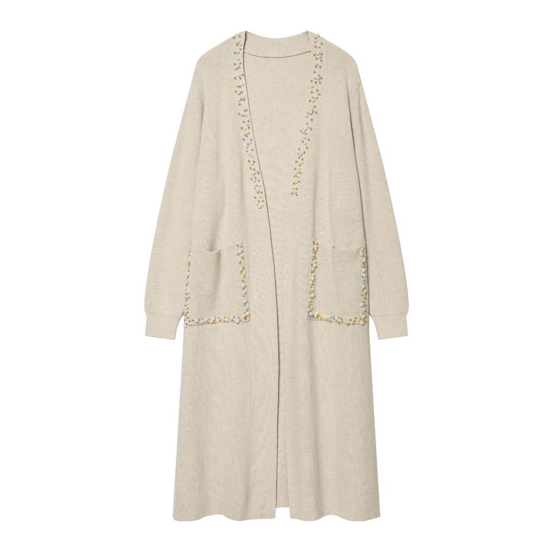 Damen lange offene Strickjacke mit Perlenbesatz und aufgesetzten Taschen Shop Nory