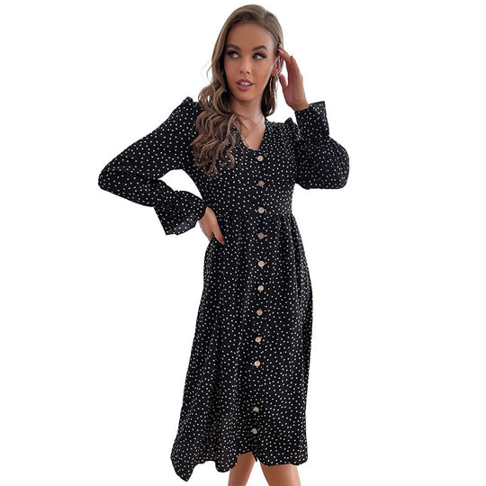 Damen Midi-Kleid mit V-Ausschnitt, Knopfleiste und geraffter Taillennaht Shop Nory