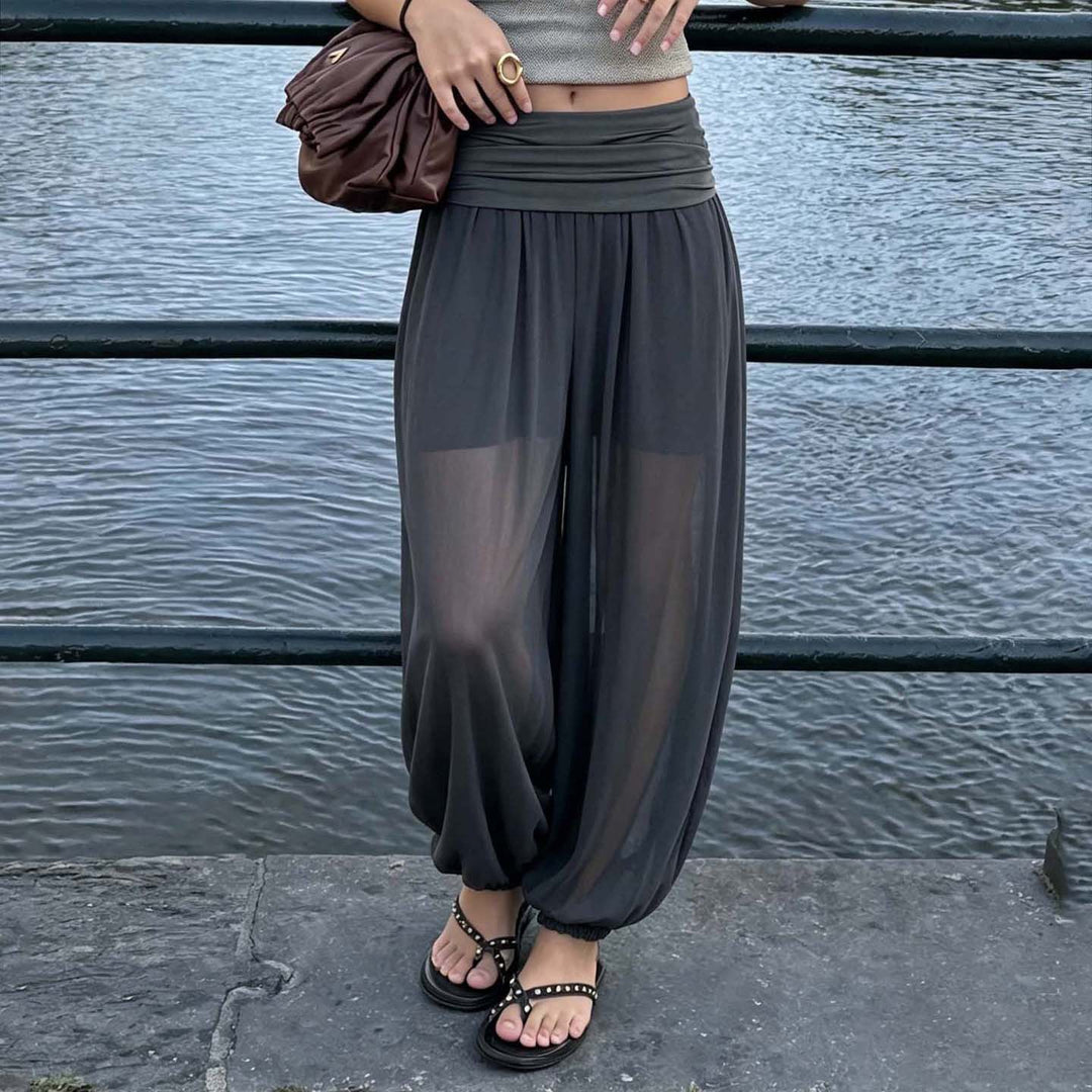 Damen nan weite Haremshose mit Umschlagbund und elastischen Beinabschlüssen Shop Nory