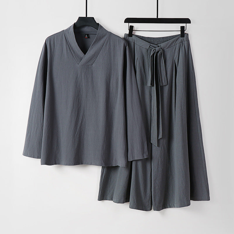 Damen Leichtes Leinen-Baumwoll Loungewear-Set mit V-Ausschnitt, weitem Midirock und Bindegürtel Shop Nory