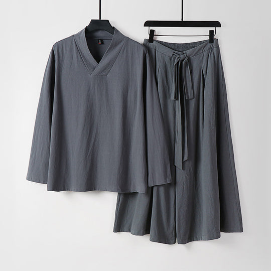 Damen Leichtes Leinen-Baumwoll Loungewear-Set mit V-Ausschnitt, weitem Midirock und Bindegürtel Shop Nory