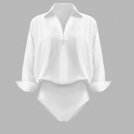 Damen Eleganter Hemdblusen-Body mit V-Ausschnitt, Oversize‑Schnitt und Umschlagmanschetten Shop Nory