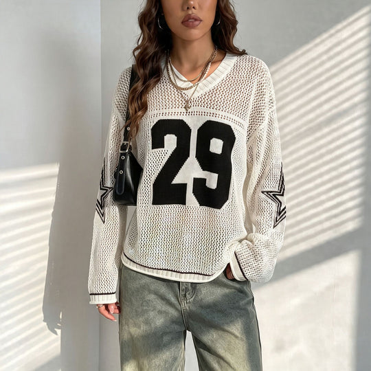 Damen Oversize Netz-Strick Cropped Pullover mit V-Ausschnitt Shop Nory