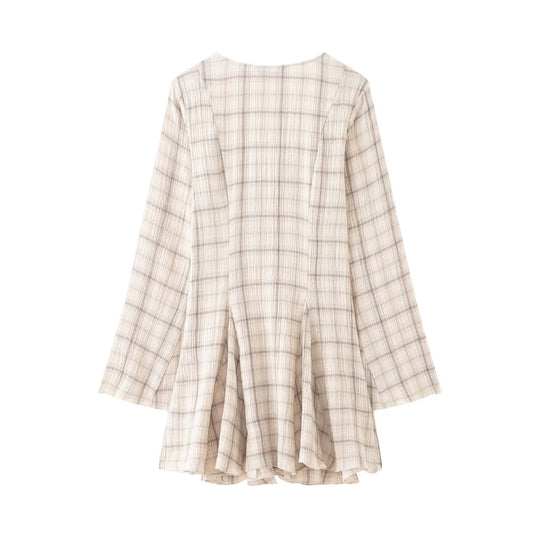 Damen Leichtes V‑Ausschnitt Midikleid mit Karomuster, tailliertem Godet‑Rock und Crinkle‑Struktur Shop Nory