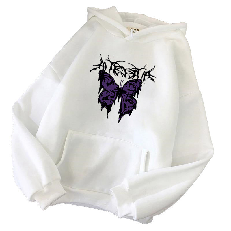 Damen nan Oversize-Kapuzenpullover mit gothischer Schmetterlings-Illustration und Kängurutasche Shop Nory