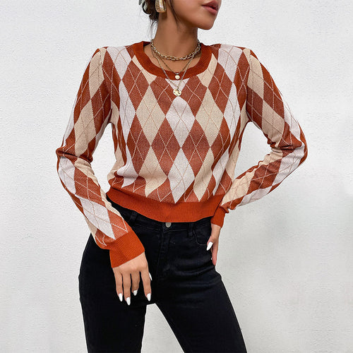 Damen Taillierter Kurzpullover im Rautenmuster mit Feinstrick und Rippbündchen Shop Nory